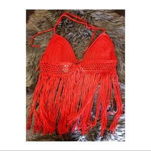 Forever 21 Red Crochet Fringe Halter Top